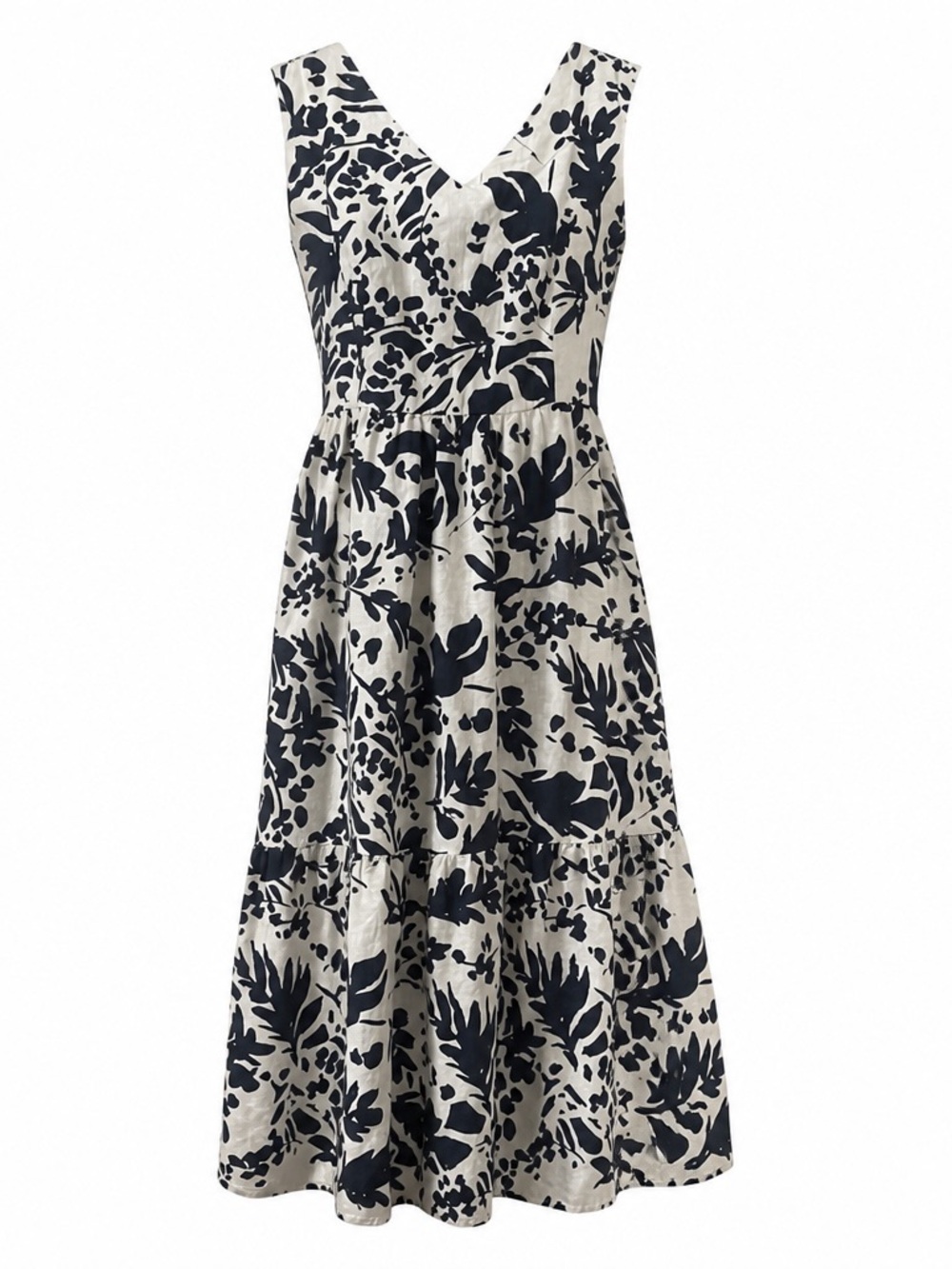 Magaschoni Sleeveless V-Neck Floral Midi Dress in Blue and White. Linen Blend.